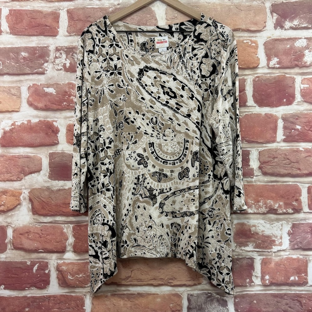Ruby Rd Top Womens L Multicolor Boho Floral Abstract Stretchy Casual Tunic Shirt